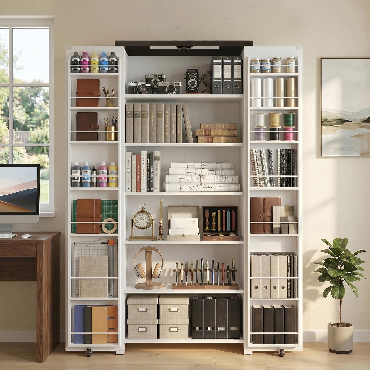NEWOWNDS Home Office Storage Cabinet with LED Lights – 72" Adjustable Shelves, Multi-Purpose Organizer for Files, Printer & Office Supplies