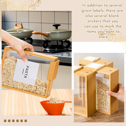 Threehoney 2 Pcs Bamboo Cereal Dispenser 75 Oz/ 2.2 l Kitchen Food Storage Containers with Measuring Cups for Airtight Pantry Organization and Storage Container Cereal Rice Flour Snack Nuts Grains