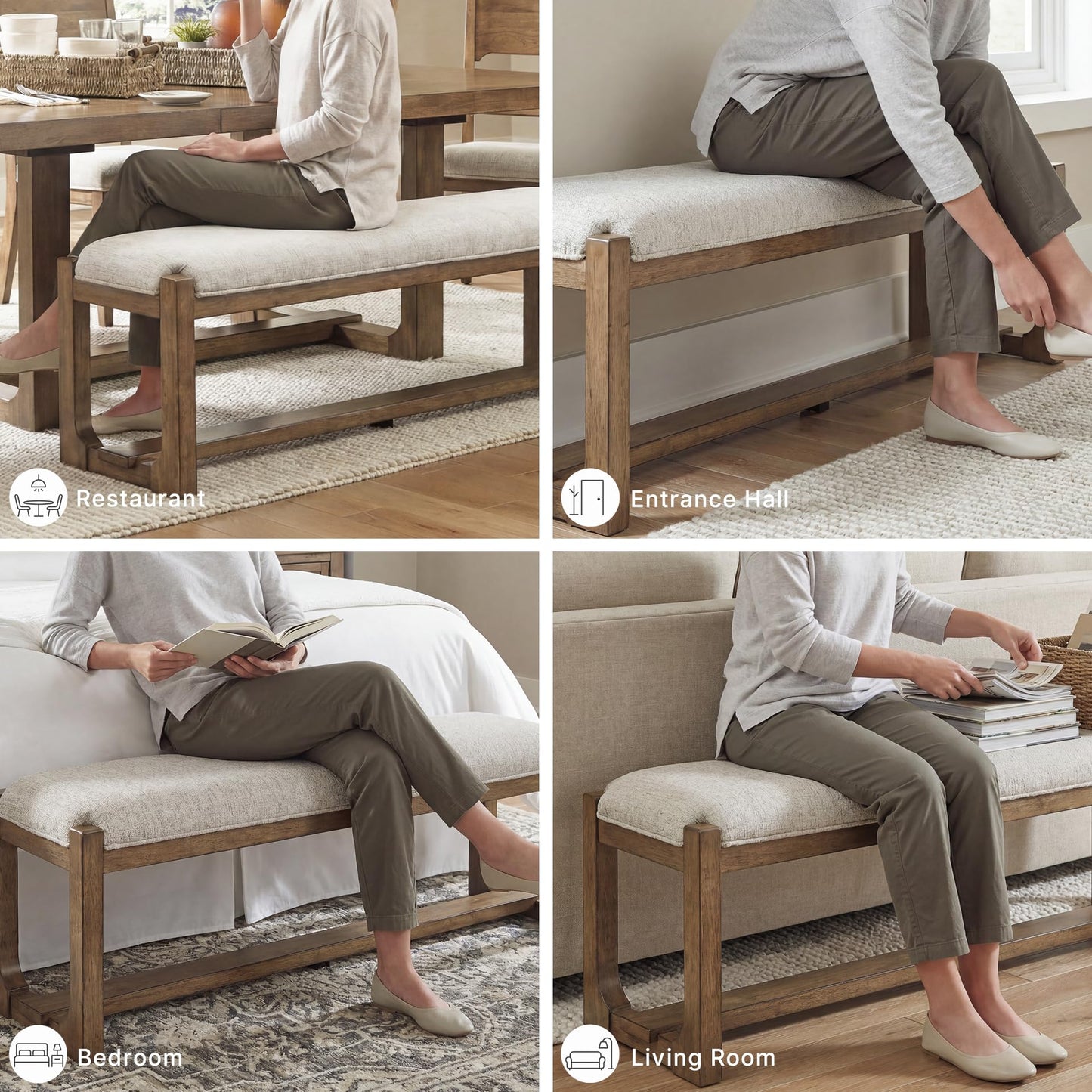 Signature Design by Ashley Cabalynn Farmhouse Upholstered Dining Bench, Foam Cushion, Hardwood Solids, 63.5" W x 16.5" D x 19.75" H, Beige & Light Brown