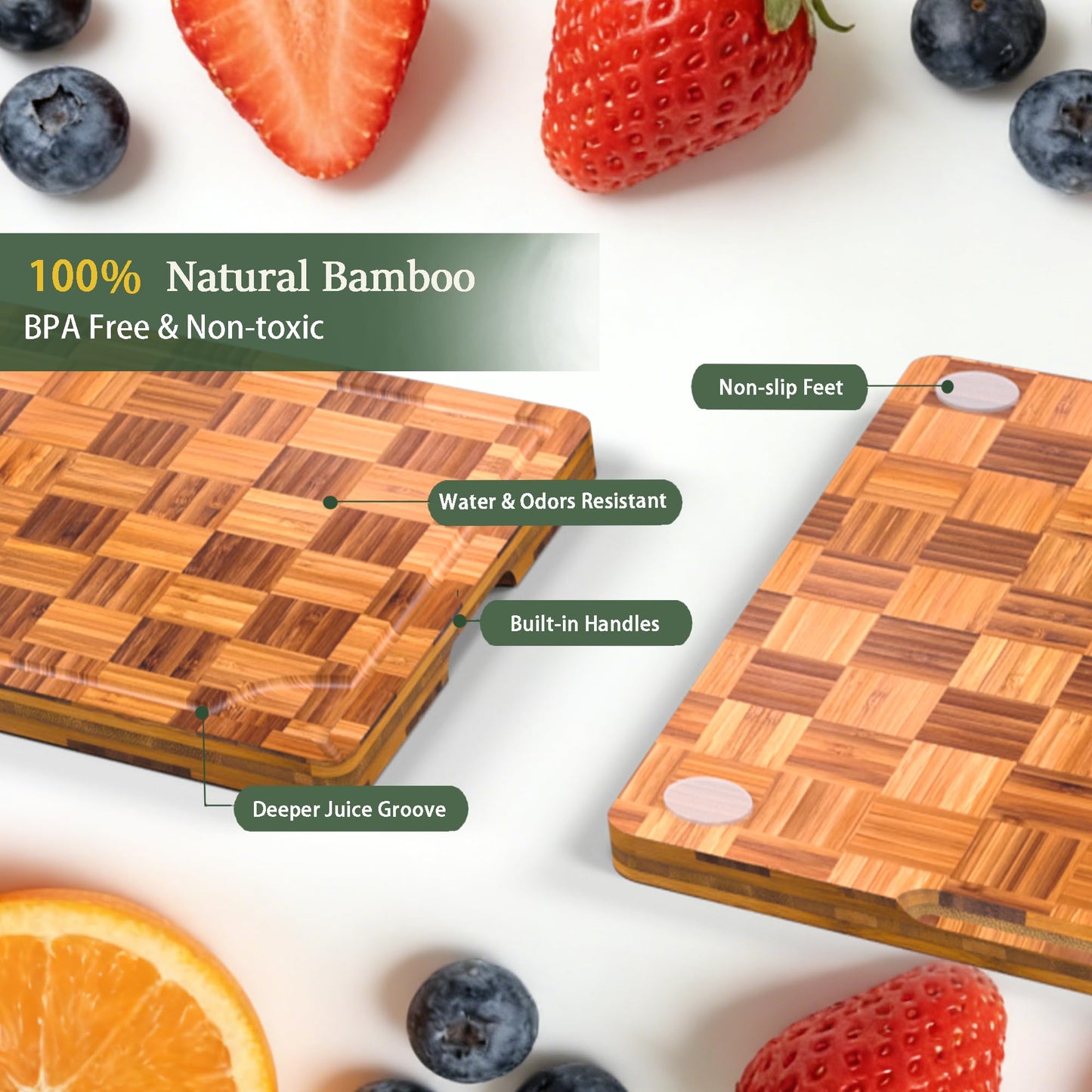 Bamboo Cutting Board Set of 3 for kitchen Checkered End Grain Chopping Boards with Storage Stand & Deeper Juice Grooves | Reversible Butcher Block for Meat, Cheese, Charcuterie & Kitchen Prep