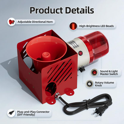 Joinfworld AC110V 120dB Siren Alarm Strobe Light Plug-in Manual Security Alarm Adjustable Volume Outdoor Waterproof Emergency Strobe Warning Light for Warehouse, Construction Site, Crane