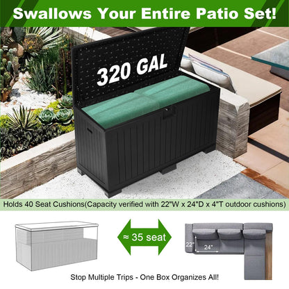 FammyLoft 320 Gallon Deck Box with 6 Waterproof Foot Pads, Resin Storage Box Weatherproof, Plastic Cushion Container with Lock and Lids for Pool Equipment, Black