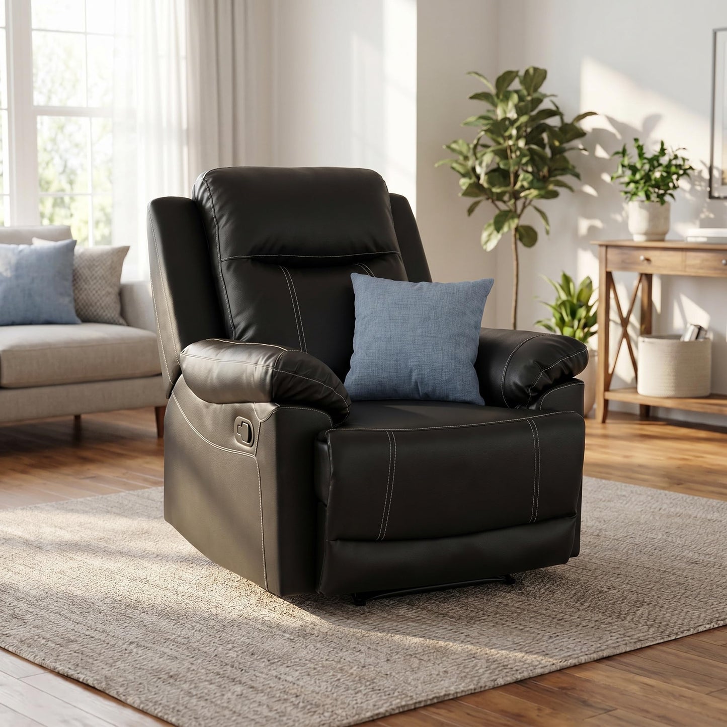Trygoal Manual Recliner Chair, Nursery Rocking Chair, Leather Recliner Chair for Adults, Lazy Boy, Gaming Recliner wih Overstuffed Arms, Suitable for Home Theater, Living Room, Bedroom, Black
