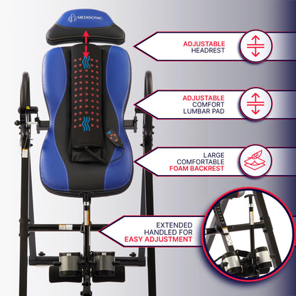 MediSonic Elite Inversion Table with Adjustable & Removable Lumbar Pad, Comfortable Ankle Security Cups, Multiple Inversion Angles, Heavy-Duty Frame, 300 lb Capacity, Blue