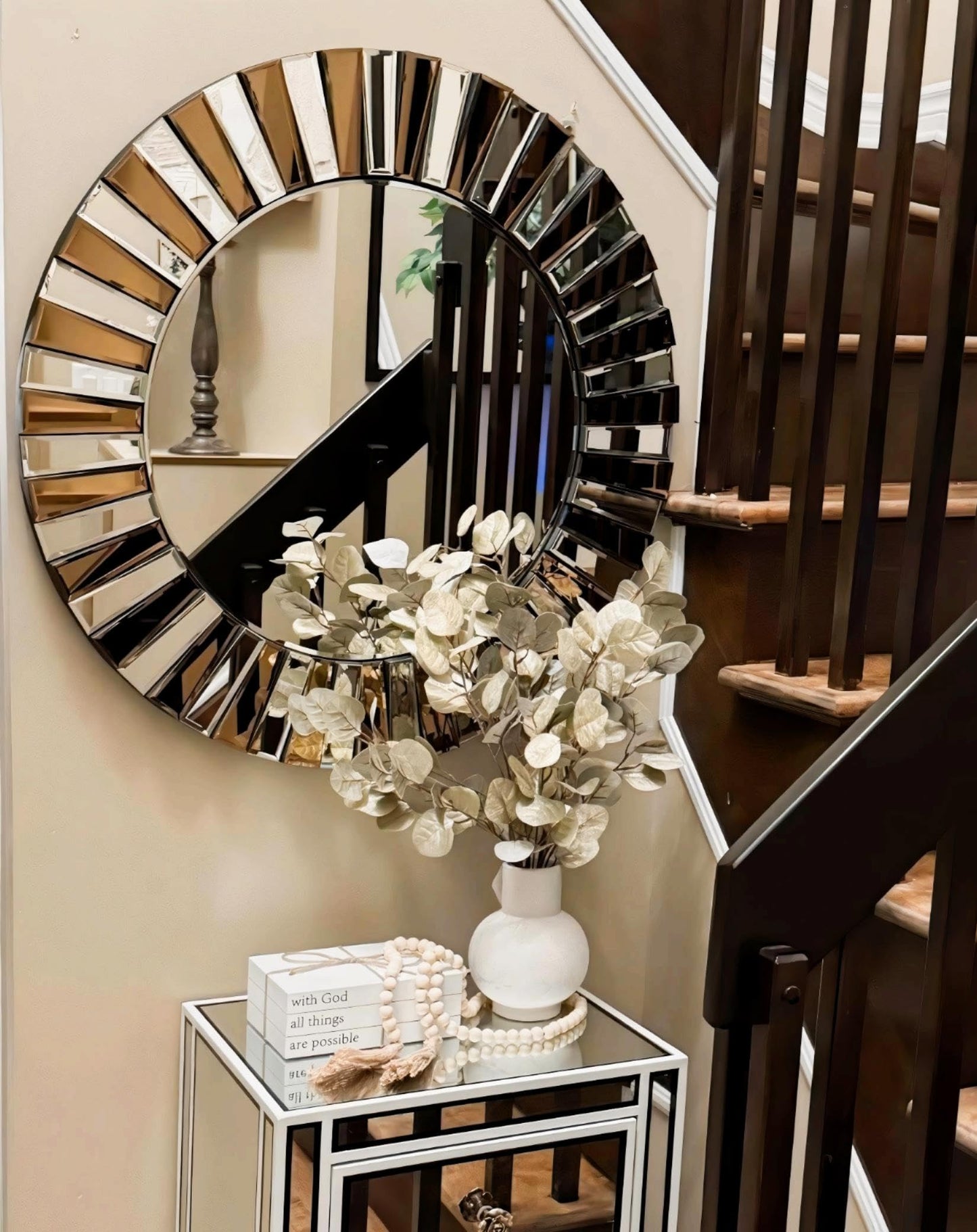 Artloge Round Wall Mirror Decorative Sunburst Silver-Brown Crystal Edge 32 inch