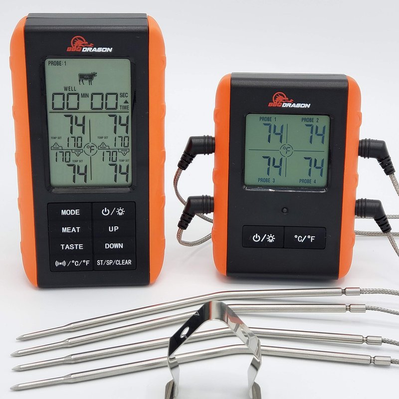 BBQ Dragon Wireless Digital Instant Read Thermometer - Food Thermometer for Cooking – Oven Safe Kitchen with 4 Probes - Meat thermometers for Smokers.