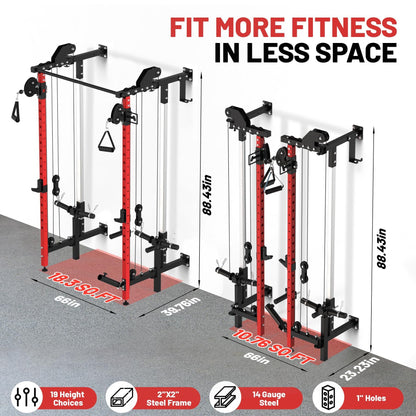 GarveeHome Folding Squat Rack, Wall Mounted Power Rack with Dual Pulley System & Pull Up Bar, Fitness Equipment for Home Gym, Garage, Apartment