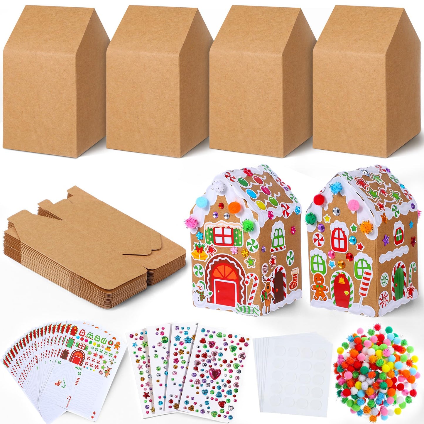 Dianelhall 24 Sets Christmas Gingerbread House Cardboard DIY Gingerbread House Craft Kits with Pom Poms Stickers for Christmas Holiday Party Favors Supplies Decorations Xmas Home Game Activities