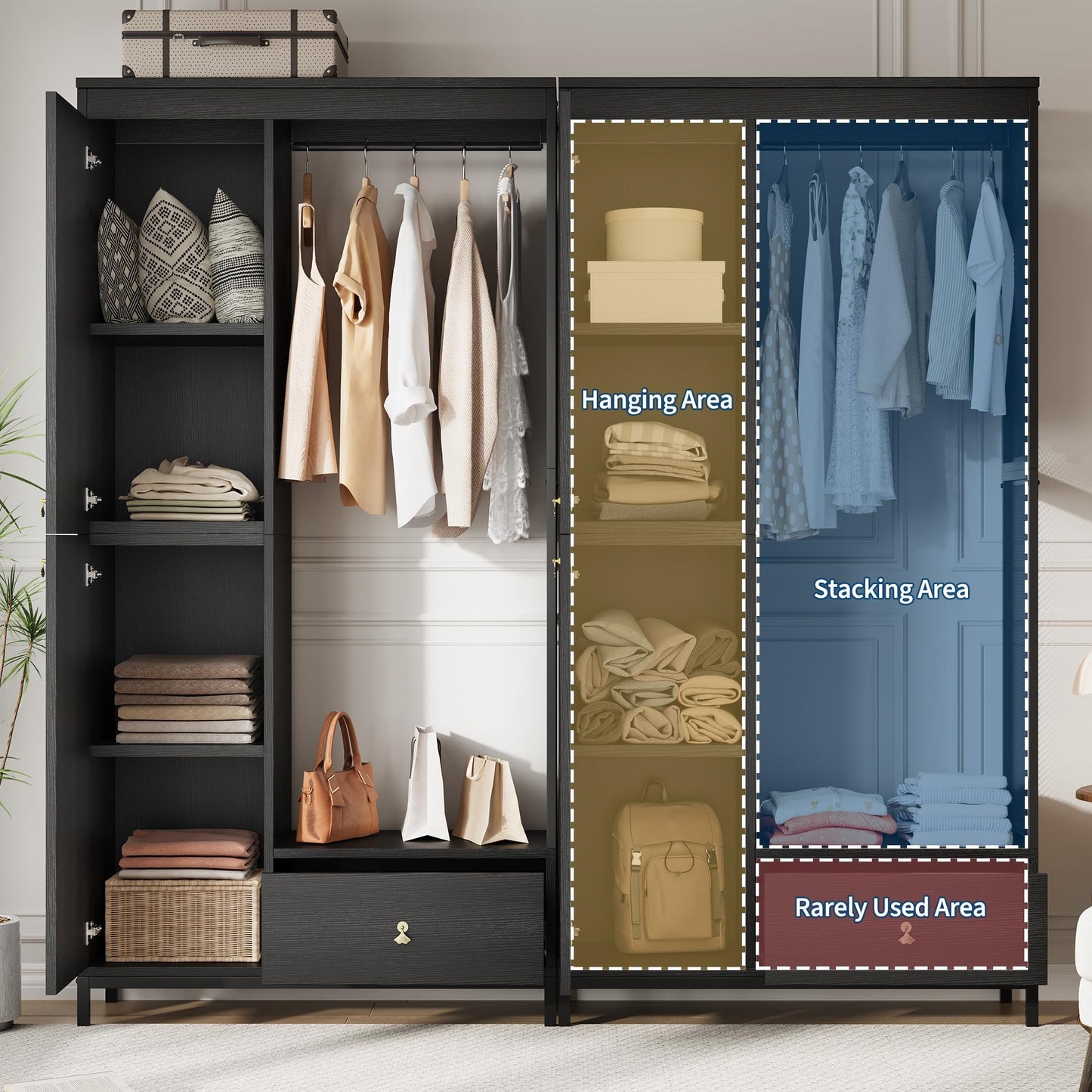GAOMON Modern Armoire Wardrobe Closet, Wood and Metal Frame Clothes Storage Organizer with Double Closed Doors, Open Hanging Rod, Bottom Drawer, Freestanding Bedroom Furniture for Small Spaces, Black
