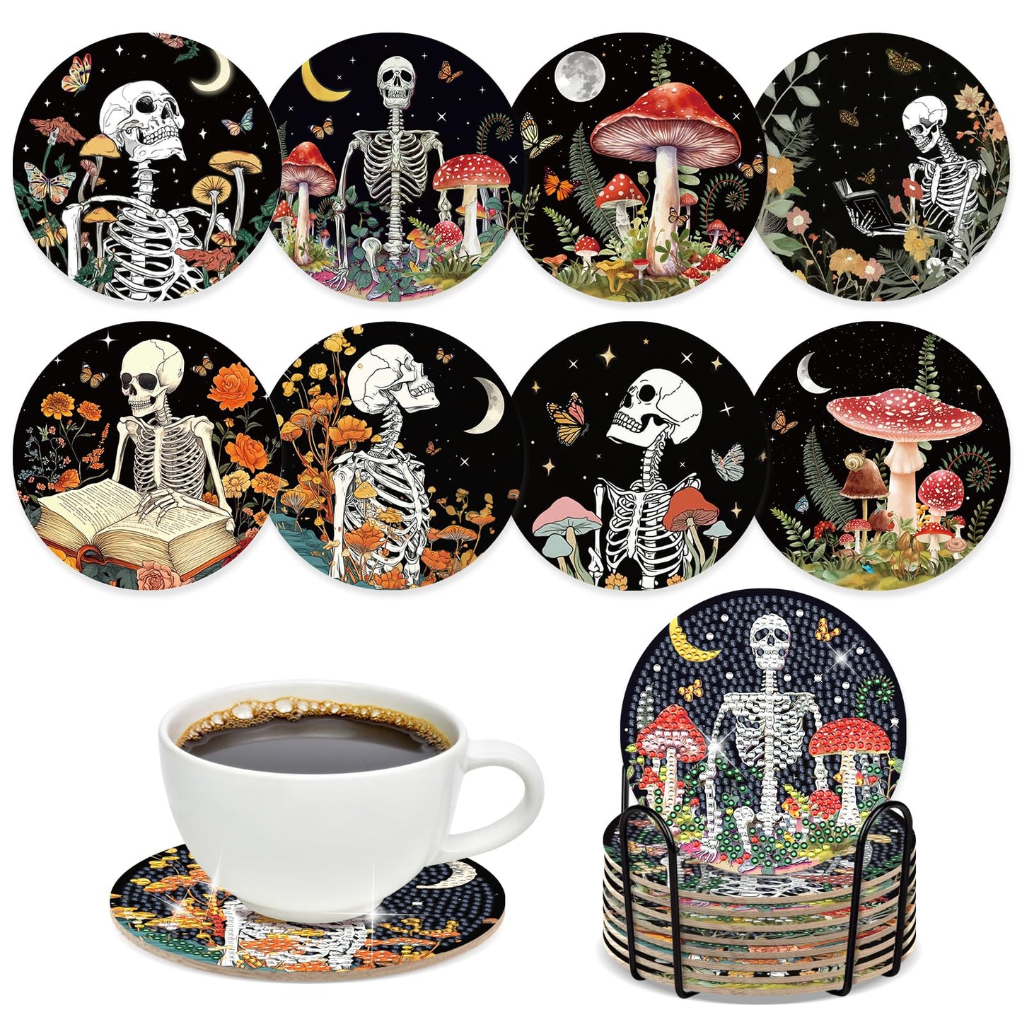 Sitsink Skull Diamond Art Coasters - 8 Pcs DIY Skull Flowers Mushroom Diamond Painting Coasters Kits with Holder for Adults Beginners Gifts Halloween Crafts Supplies