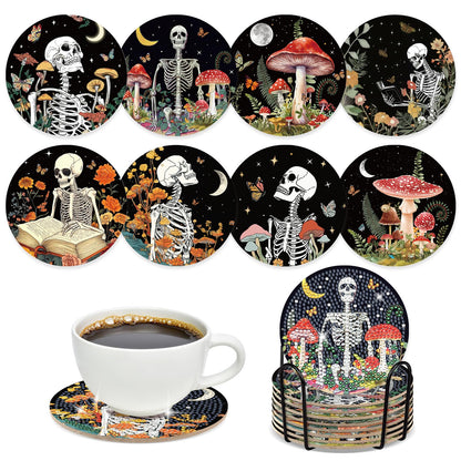 Sitsink Skull Diamond Art Coasters - 8 Pcs DIY Skull Flowers Mushroom Diamond Painting Coasters Kits with Holder for Adults Beginners Gifts Halloween Crafts Supplies