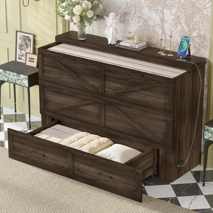 Merax Farmhouse Wood Murphy Bed Chest with Charging Station, Foldable Wall Platform Bed with Storage Drawer/Space Saving/Wood Slat Support/Queen, Gray