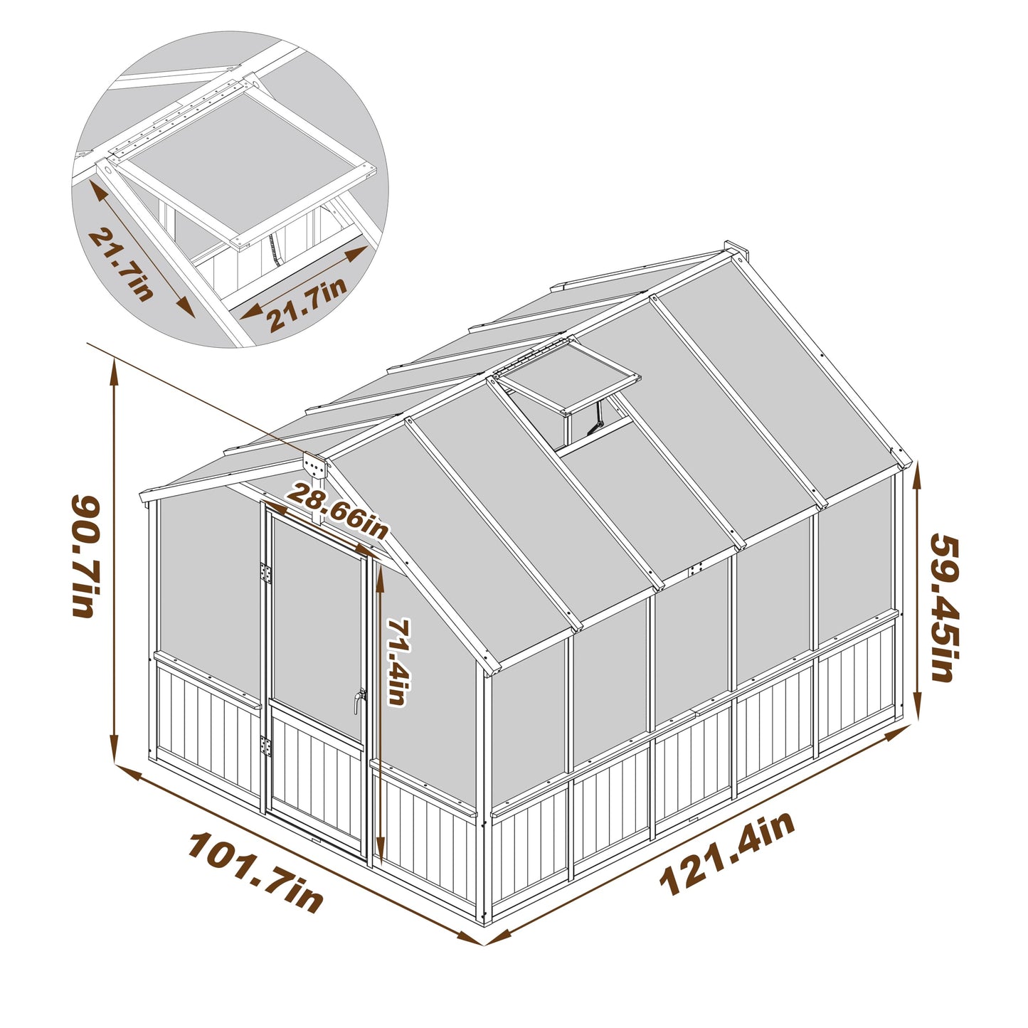 Yardenaler 8x10 FT Greenhouse Kit with 6MM Thick Polycarbonate Panel for Outdoor, Wooden Walk-in Green House with Adjustable Roof Vent and Lockable Door, Backyard, Garden, Light Mocha Brown