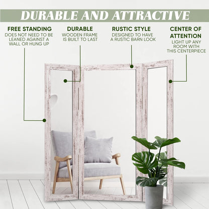 Houseables Trifold Mirror Full Length, 3 Way Mirror, Floor Length, Three Way Folding, Standing, Full Body, Wood Framed, 3 Sided for Bedroom, Makeup, Oversized, Foldable, White, 71 x 32 to 65 Inch