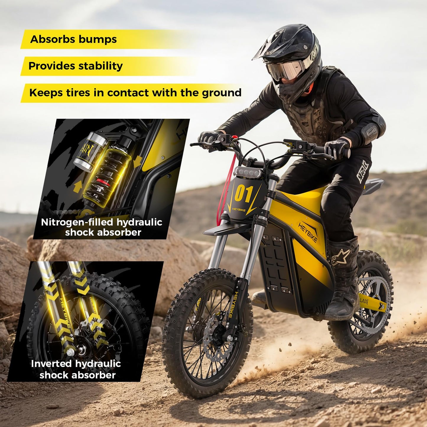 Heybike Villain Electric Dirt Bike, 4160W E Dirt Bike with 52V 26AH Battery, 14"/12" Fat Tire Electric Motorcycle for Teens, Max 45MPH Ebike with Reversing Function(with Crossbody Bag; Yellow&Black)