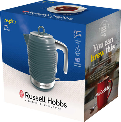 Russell Hobbs Inspire 24363-70 Kettle [1.7 L, 2400 W] Grey with High-Quality High-Gloss Structure (Quick Boil Function, Removable Limescale Filter, Water Level Indicator, Removable Lid)