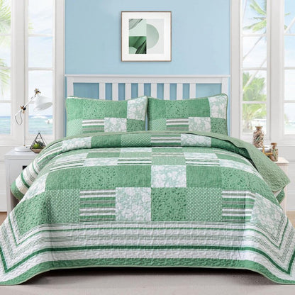 Drucon Green Patchwork Queen Quilt Bedding Set, Spring Summer Plaid Bedspreads, 3 Pieces Lightweight Soft Coverlet with 2 Pillow Shams for All Season 96x90 Inch