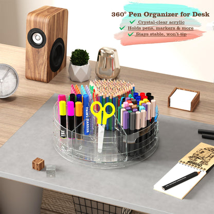 CraftGenes Rotating Desk Organizer, 360° Acrylic Pen Organizer for Desk with 7 Removable Compartments, Extra-Large Pen Holder for Office Supplies, Markers, and Art Supplies, Clear Pencil Holder