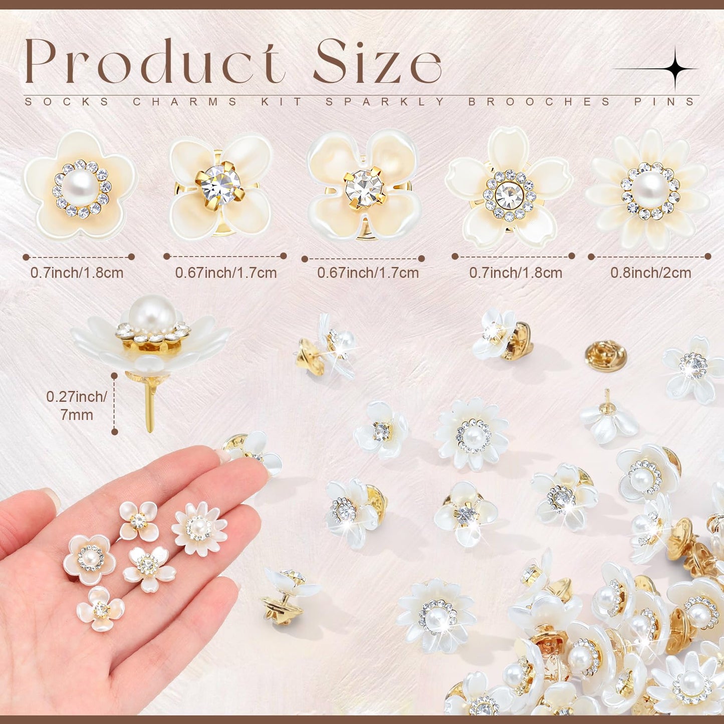 Trnayi 50 Pcs Flower Shape Pearl Rhinestone Brooch Embellishments Brooches and Pins for Women Lapel Pins No Sew Button Charms Accessories for Clothes Bags Wedding DIY Crafts, 5 Styles (Flower Style)