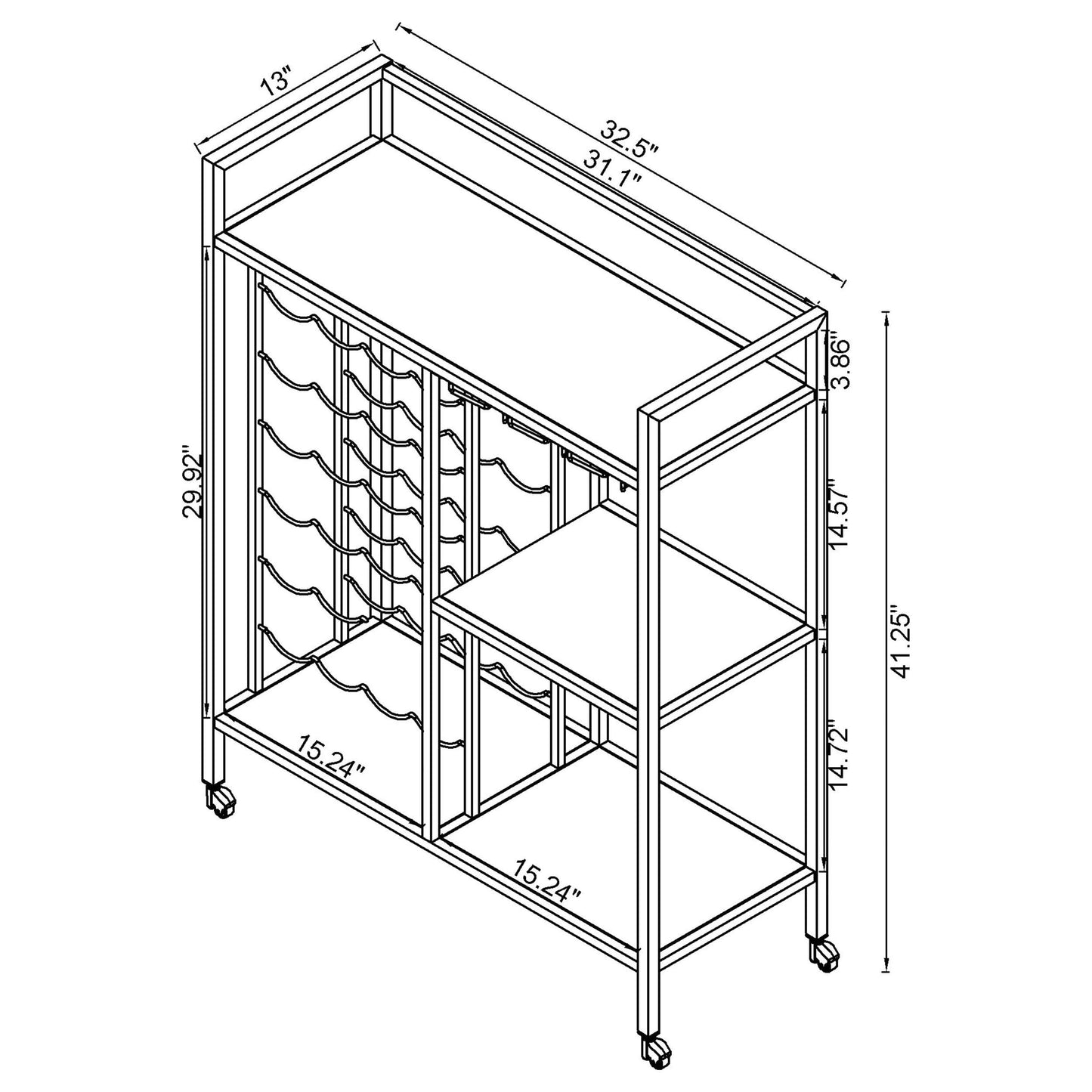 MAKLAINE Contemporary Metal Serving Cart, Chrome Finish, 3 Marble Pattern Glass Shelves, Stemware Racks, 24-Bottle Wine Holder, Casters for Mobility, Rectangular Bar Cart for Home Entertainment