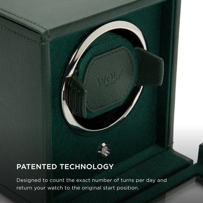 Wolf Cub Single Watch Winder with Glass Cover, Green - Secure Fit with Patented Lock-in Dynamic Cuff - Accommodates All Wrist Sizes - Vegan Leather - Includes Universal Adapter