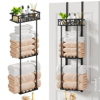 HapiRm Towel Rack Bathroom Storage - 3 Tier Over The Door & Wall Mounted Rolled Towel Racks Holder Organizer with Metal Shelf and 6 Hooks for Small Bathroom, Camper, Rv - Black (for 1.77 in Doors)