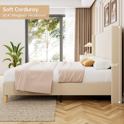 GarveeHome King Size Bed Frame, Upholstered Platform Velvet King Bed Frame with Vertical Channel Tufted Wingback Headboard, Strong Wooden Slats, No Box Spring Needed, Easy Assembly, Beige