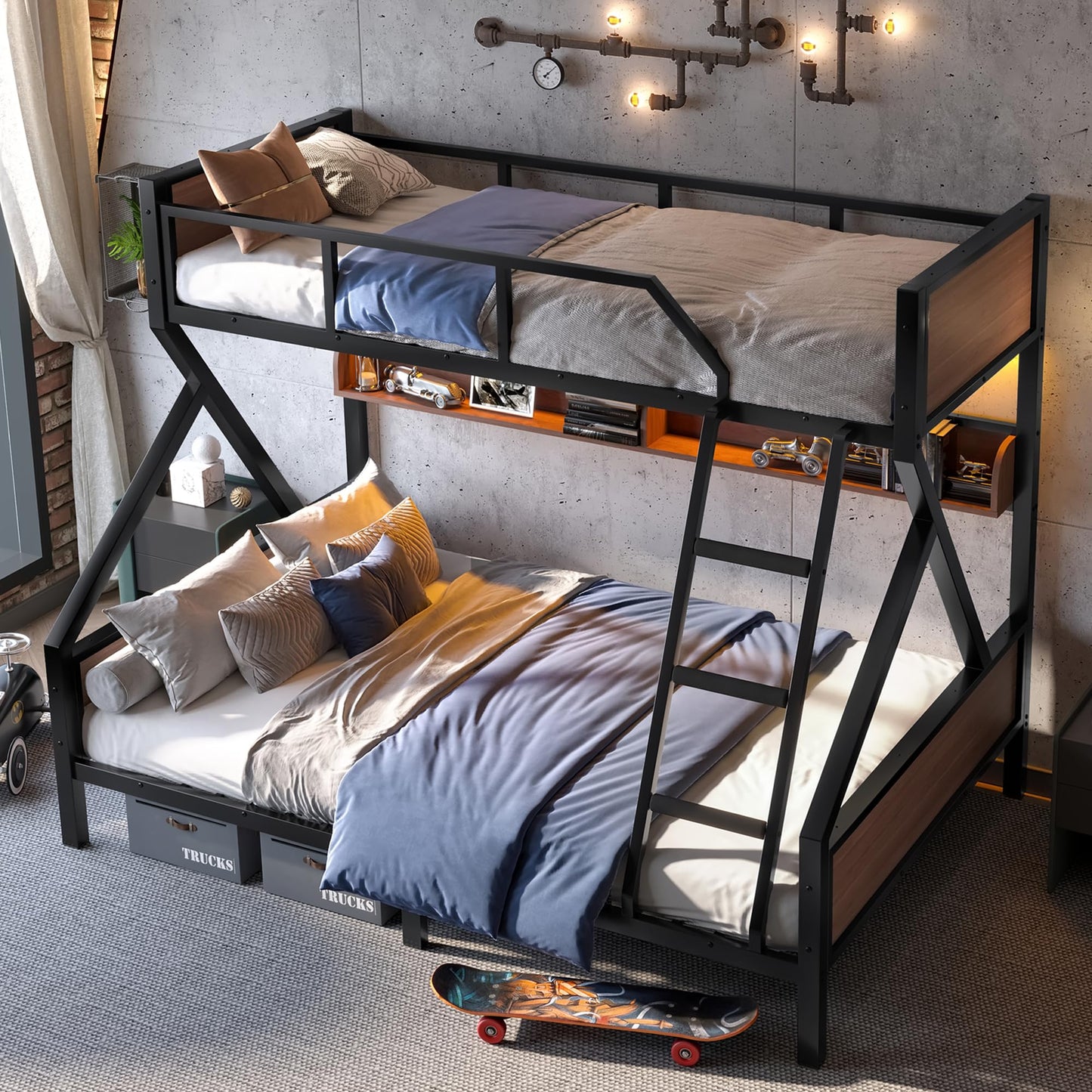 Bellemave Metal Bunk Bed Twin XL Over Queen Size with Storage Shelves & LED Light,Heavy Duty Bunk Bed Frame with Wood Board & Sturdy Slats,Twin XL Over Queen Bunk Beds for Bedroom,Noise Free, Black