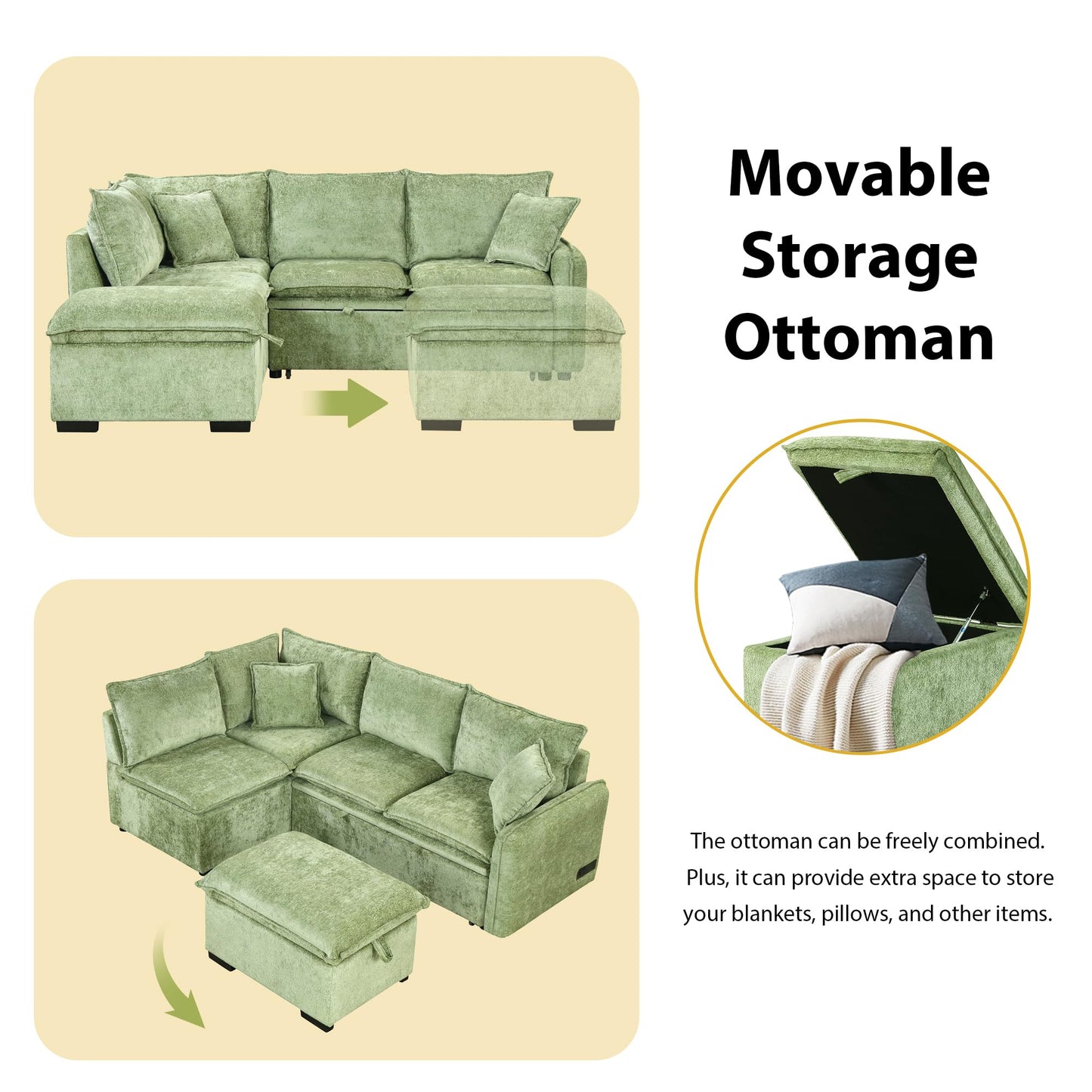 Merax Sectional Convertible Sofa Bed with Storage Ottoman, 2 Pillows, 2 Power Sockets and 2 USB Ports, Modular Sleeper Couch