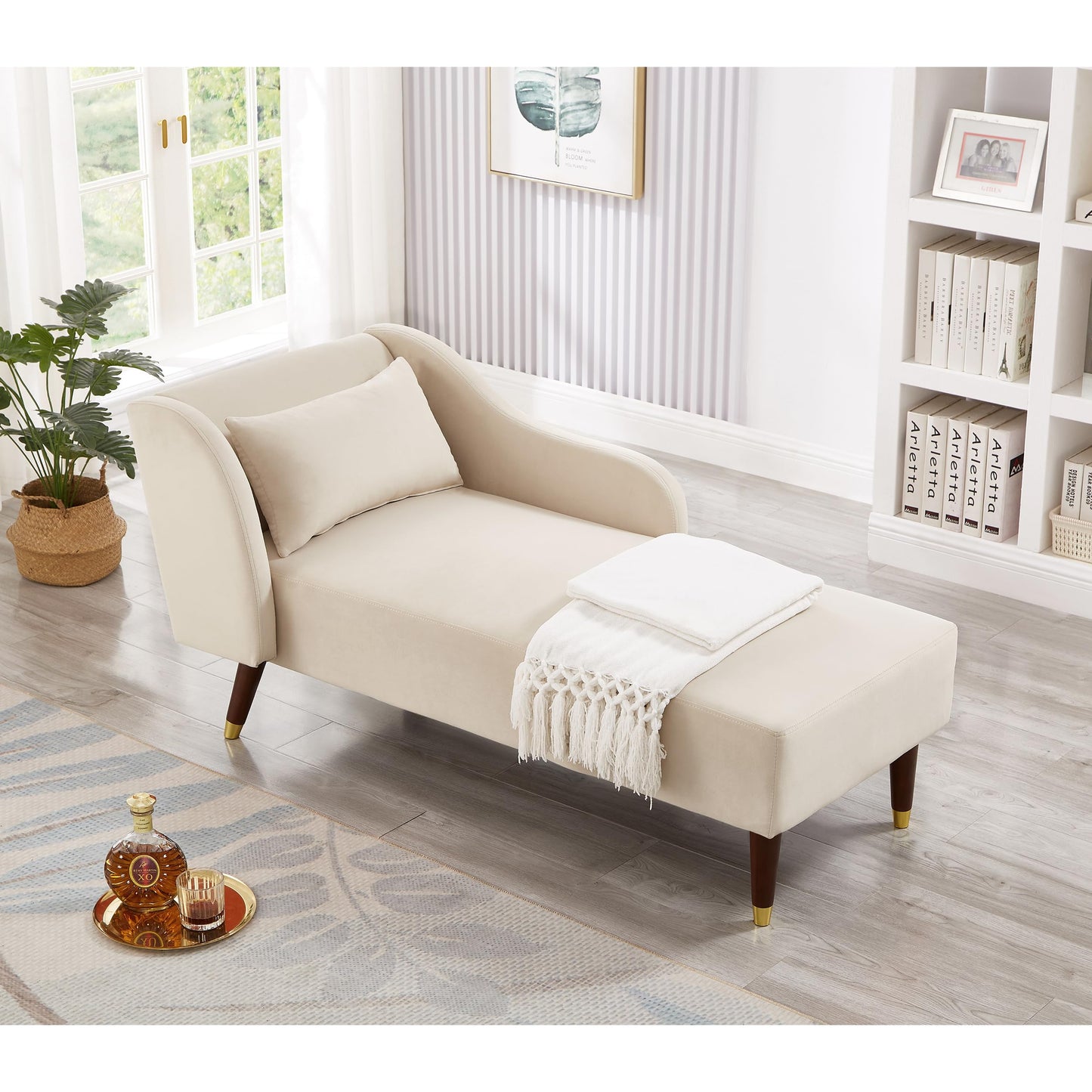 GDFStudio Upholstered Chaise Lounge Chair Indoor, Modern Velvet Recliner Lounge Chair with Removable Pillows, Gold Wood Legs, Backrest & Armrest, Reading Chaise Chair for Living Room Bedroom, Beige