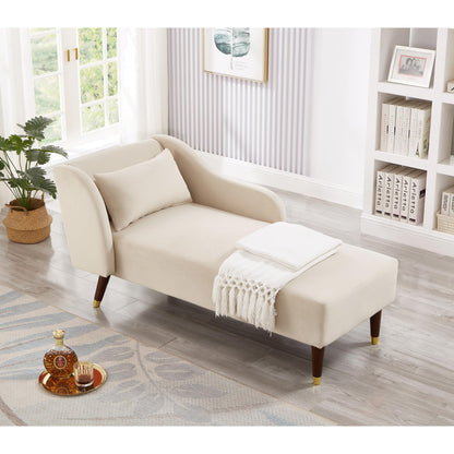 GDFStudio Upholstered Chaise Lounge Chair Indoor, Modern Velvet Recliner Lounge Chair with Removable Pillows, Gold Wood Legs, Backrest & Armrest, Reading Chaise Chair for Living Room Bedroom, Beige