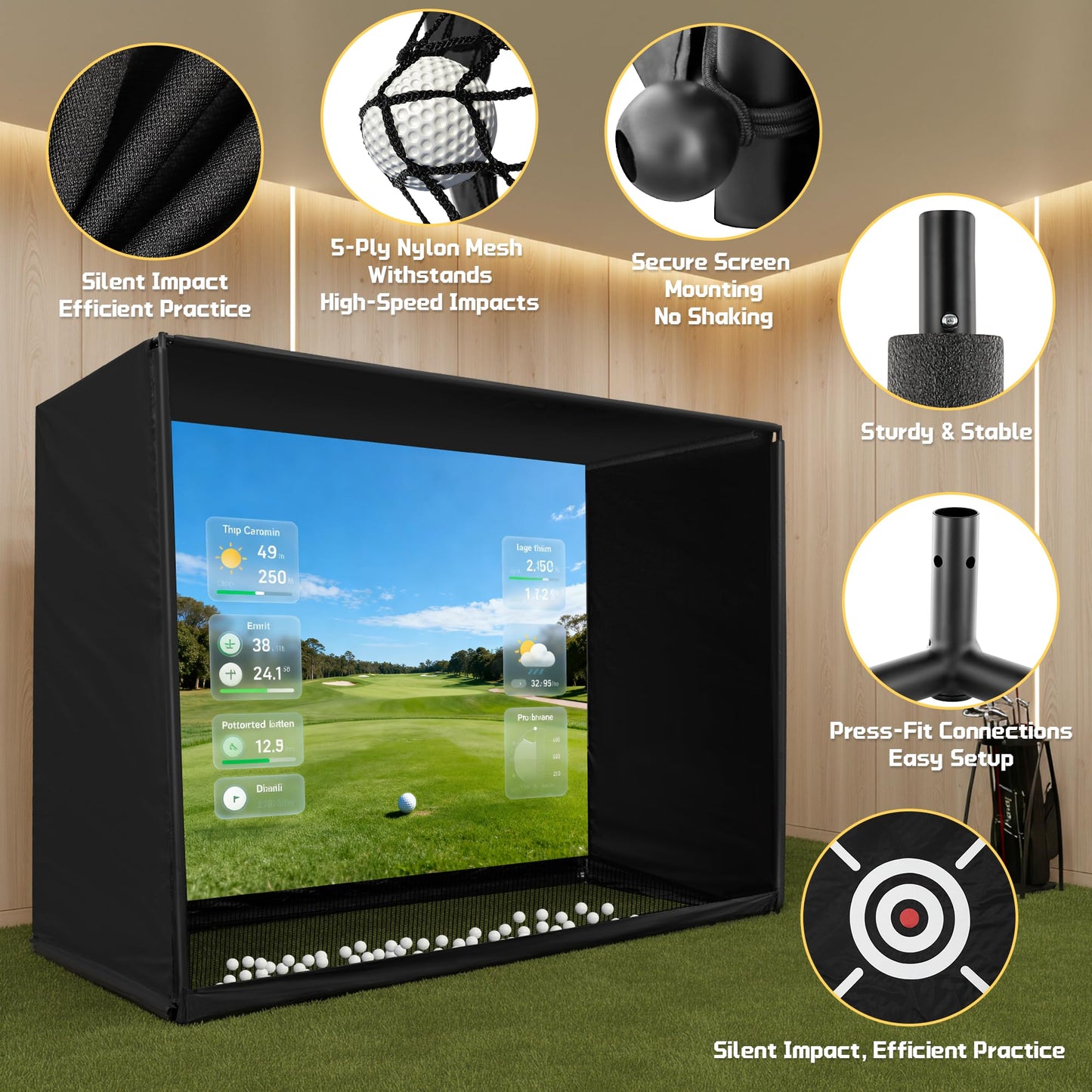 Golf Simulator Enclosure Net 10x8FT Golf Practice Simulator with HD Impact Screen Kit & Sturdy EPE Foam-Filled Frame Golfs Cage Net with Safety Side Nets for Home Indoor Setup