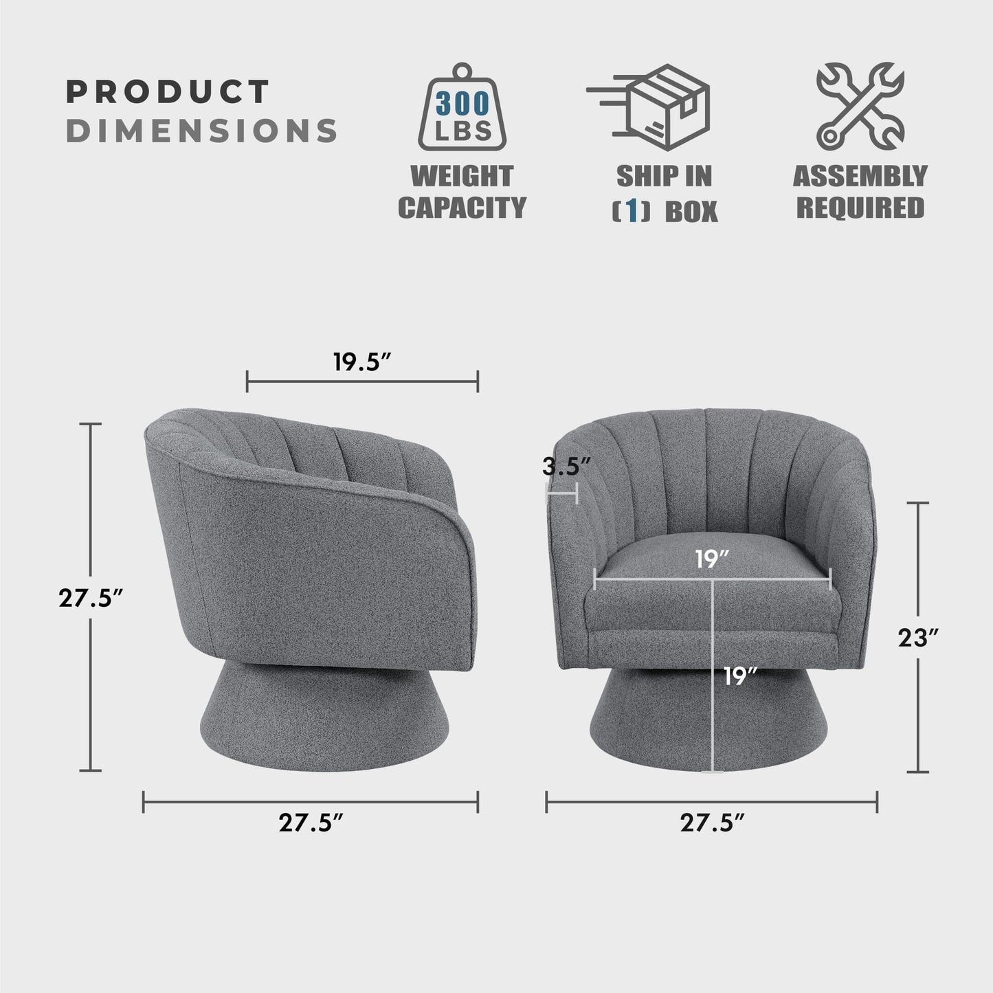 Lexicon Swivel Accent Chair, Boucle Fabric Upholstered Barrel Chair, Channel Stitched Details, Hidden Metal Swivel Seating for Living Room/Office/Apartment, Dark Gray