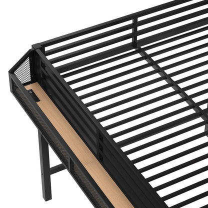 Bellemave Queen Size Loft Bed with Stairs and Wardrobe,Heavy Duty Metal Loft Bed Frame with Shelves,LED Lights and Charging Station for for Kids,Teens,Adults,Natural Wood