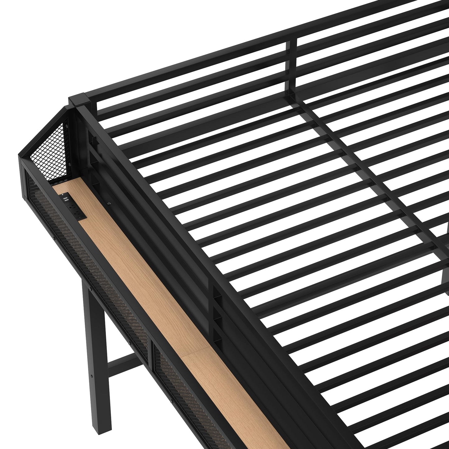 Queen Loft Bed with Stairs and Wardrobe, Queen Size Loft Bed with Charging Station, Lights and Bedside Shelf, Heavy Duty Loft Bed Frame for Adults, Teens, Kids, Noise Free, Natural Wood
