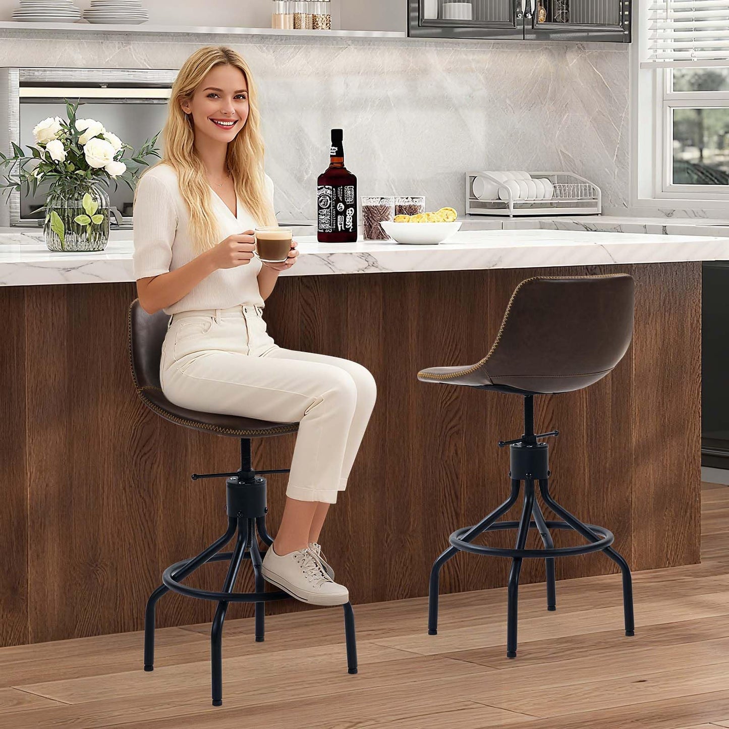 CHIDOCHILO Bar Stools Set of 3, Adjustable Armless Kitchen Island Barstools with Back 26 Inch Swivel Faux Leather Industrial Counter Height Bar Chairs for Dining Room Home Bar D087-Brown-3