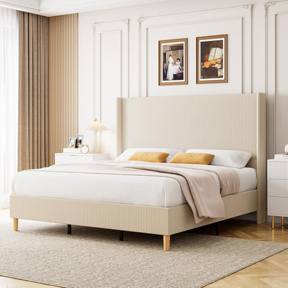 GarveeHome King Size Bed Frame, Upholstered Platform Velvet King Bed Frame with Vertical Channel Tufted Wingback Headboard, Strong Wooden Slats, No Box Spring Needed, Easy Assembly, Beige