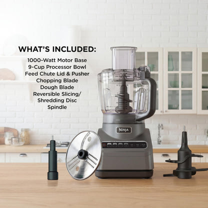 Ninja Food Processor, Professional Plus, 1000 Peak Watts, 4 Functions for Chopping, Slicing, Purees & Dough with 9-Cup Processor Bowl, 3 Blades, Food Chute & Pusher, Silver, BN601