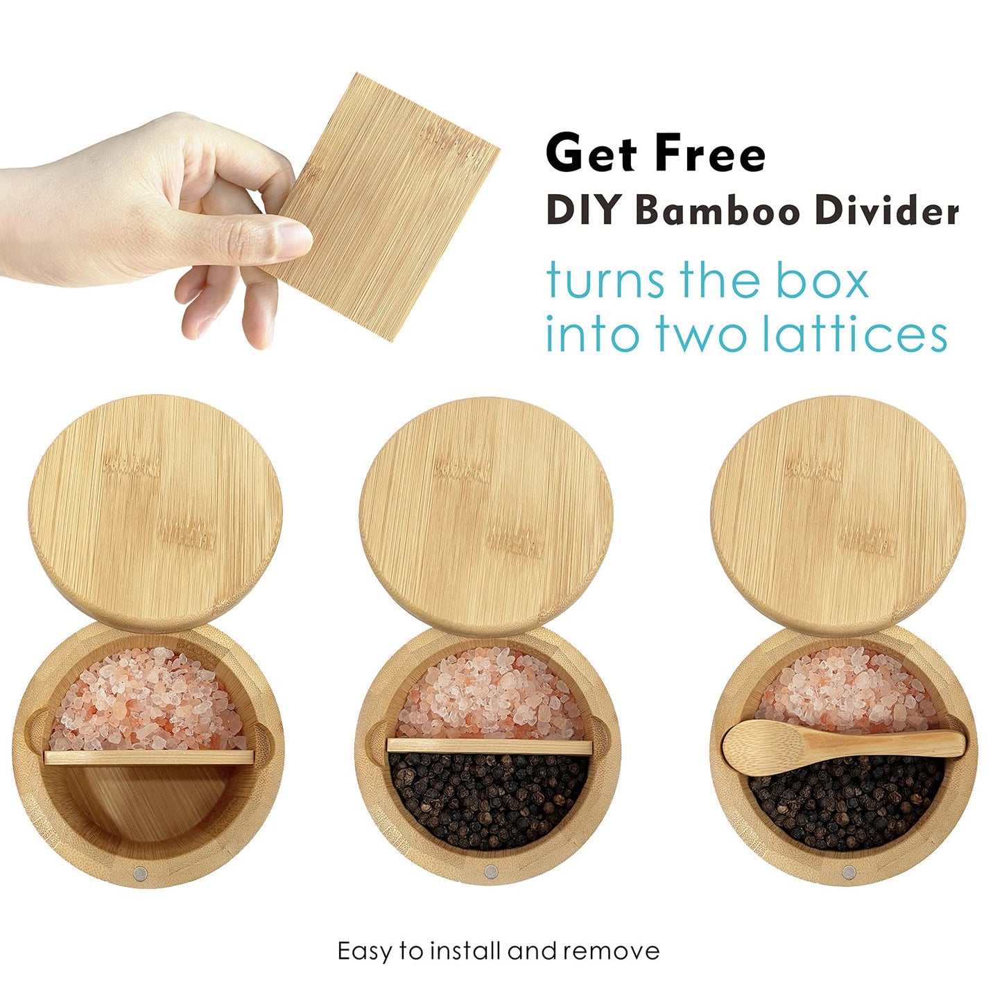 ThougrLyh Salt Box Bamboo Salt Container with Swivel Lid with Magnetic to Easily Open and Seal Salt Cellar With Spoon for Storing Salt Pepper Sugar Herbs Small Spice Box