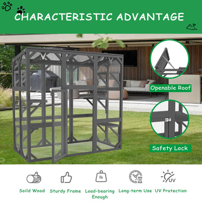 Ball & Cast 59" Wooden Catio Enclosure Outdoor Cat House with Anti-UV& Waterproof, Platforms and Resting Boxes Walk-in Cat Kennel Shelter for Indoor,Dark Grey