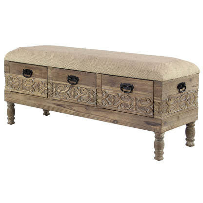 Deco 79 Wood Floral Room Storage Bench Intricately Carved Entryway Bench with Cream Burlap Top, Bench 47" x 16" x 20", Brown