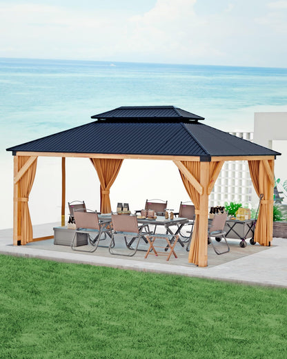 10x12 ft Hardtop Wood Gazebo for All Weather, Double Metal Roof, Heavy Duty Cedar Frame, Curtains & Netting, Permanent Outdoor Pavilion for Patio, Deck, Backyard, Lawn, Garden, Khaki