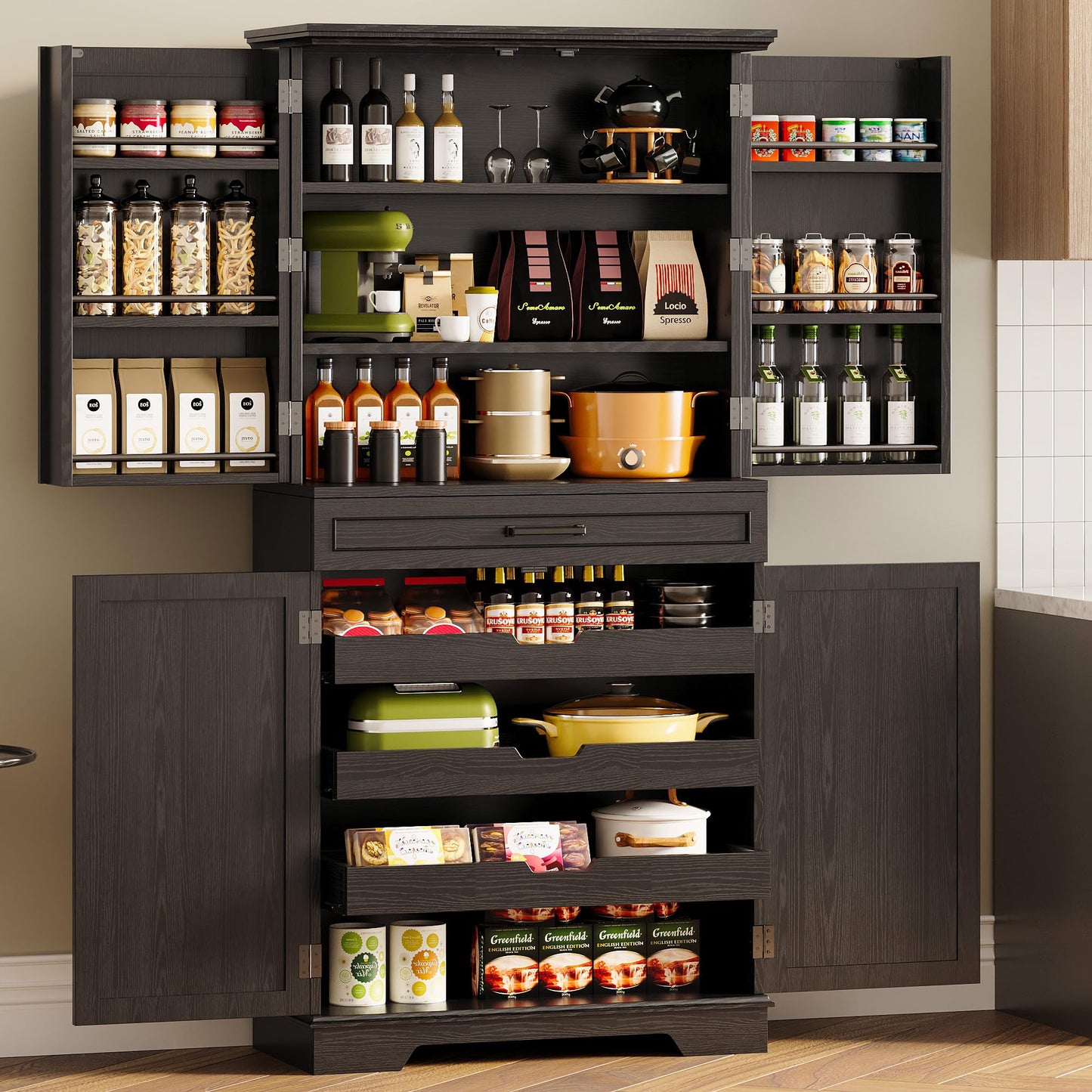 IRONCK Farmhouse Pantry Cabinet, 72" Tall Kitchen Storage Cabinet, Freestanding Cupboard with Sliding Rack & 6 Hanging Shelves,Kitchen Pantry Furniture for Dining Room, Easy Assembly, White