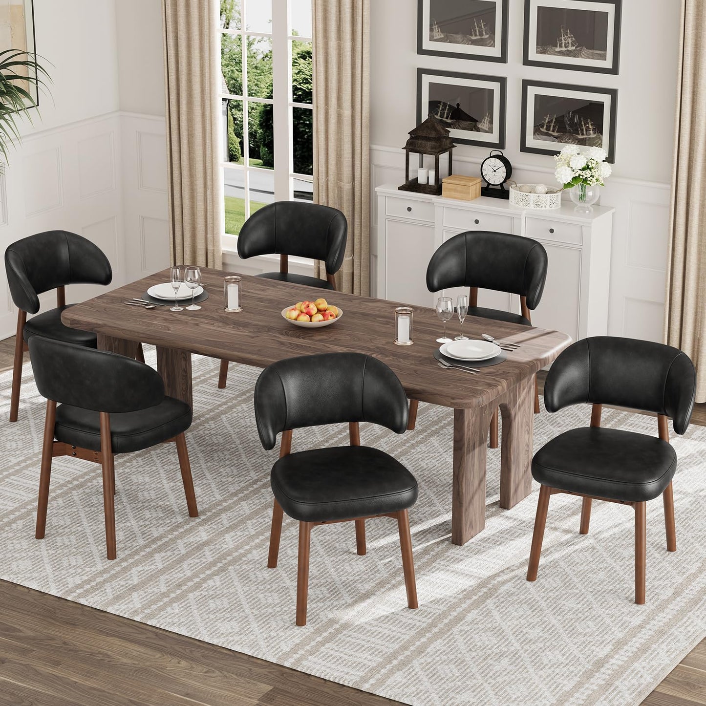 MALOL Wooden Dining Chairs Set of 6, Modern Upholstered Dining Room Chair, PU Leather Kitchen Side Chairs with Curved Open Back for Living Room/Restaurant/Cafe, Black