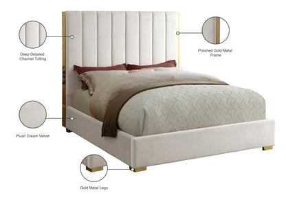 Meridian Furniture Becca Collection Modern | Contemporary Velvet Upholstered Bed with Deep Channel Tufting and Polished Gold Metal Frame, Cream, Full