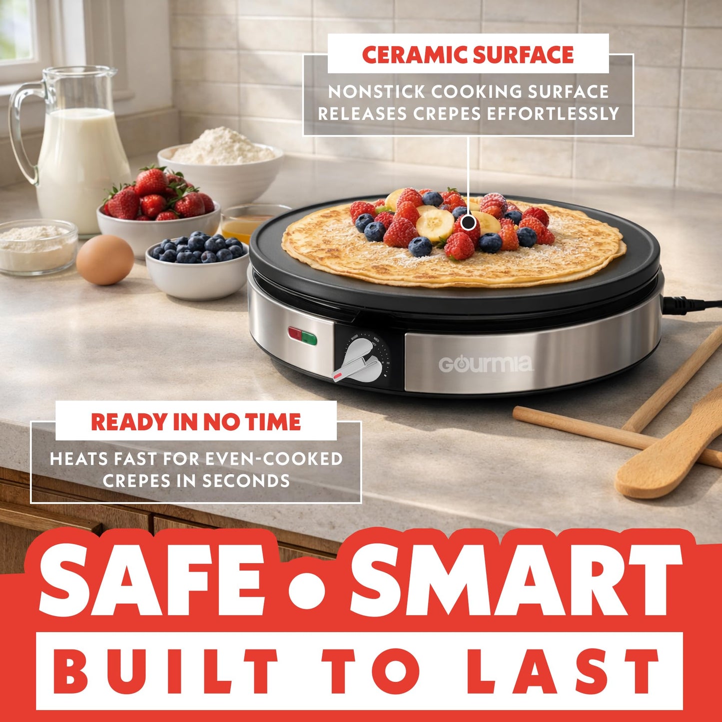 Gourmia 12” Crepe Maker – Nonstick Electric Griddle for Pancakes, Omelets & More, Precise Temp Control with Indicator Lights, Includes Spatula & Batter Spreader, Quick Cleanup, Stainless Steel Trim