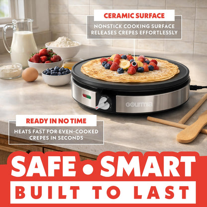 Gourmia 12” Crepe Maker – Nonstick Electric Griddle for Pancakes, Omelets & More, Precise Temp Control with Indicator Lights, Includes Spatula & Batter Spreader, Quick Cleanup, Stainless Steel Trim