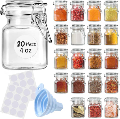 SKOCHE Spice Jars 20 Pack Small 4 oz Glass Jars with Airtight Hinged Lids, Spice Herb Jars with Labels and Silicone Funnels, 4oz Glass Jars with Lids Ideal for Spice Herbs