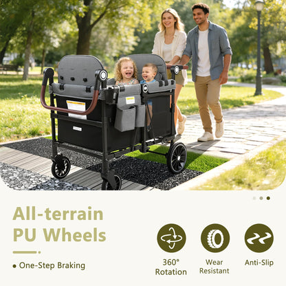 Kinder King Wagon Stroller for 4 Kids, All-Terrain Foldable Outdoor Stroller Wagon 4 Seater, Removable Canopy, Adjustable Handle, Detachable Tray, Large Storage, Grey
