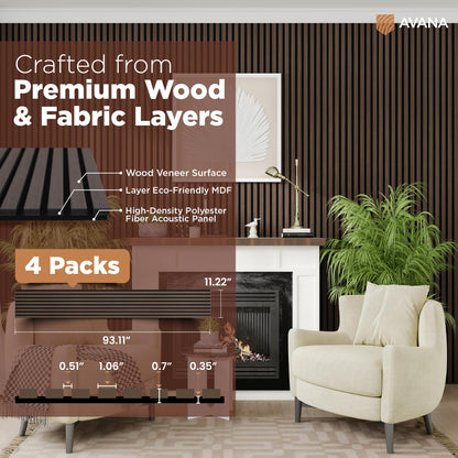 Avana Acoustic Wood Wall Panels – 93.2x11.25 Inch Panels – Fits 94x12 Layout – Dark Walnut Acoustic Panels 4 PCs – Wall Panels For Interior Wall Decor for Homes, Offices – Durable Wood Panels For Wall